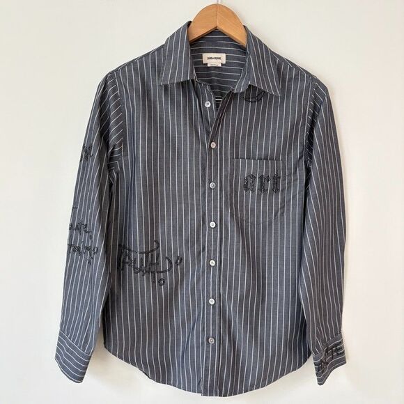 Zadig and Voltaire Taskiz Manifesto Striped Embellished Cotton Button Shirt Sz S - Picture 2 of 12